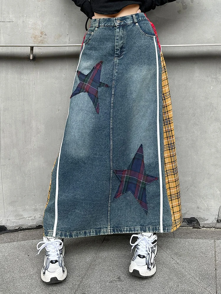 [EAM] High Elastic Waist Blue Back Plaid Denim Long A-line Half-body Skirt Women Fashion Tide New Spring Autumn 2024 1DH8117