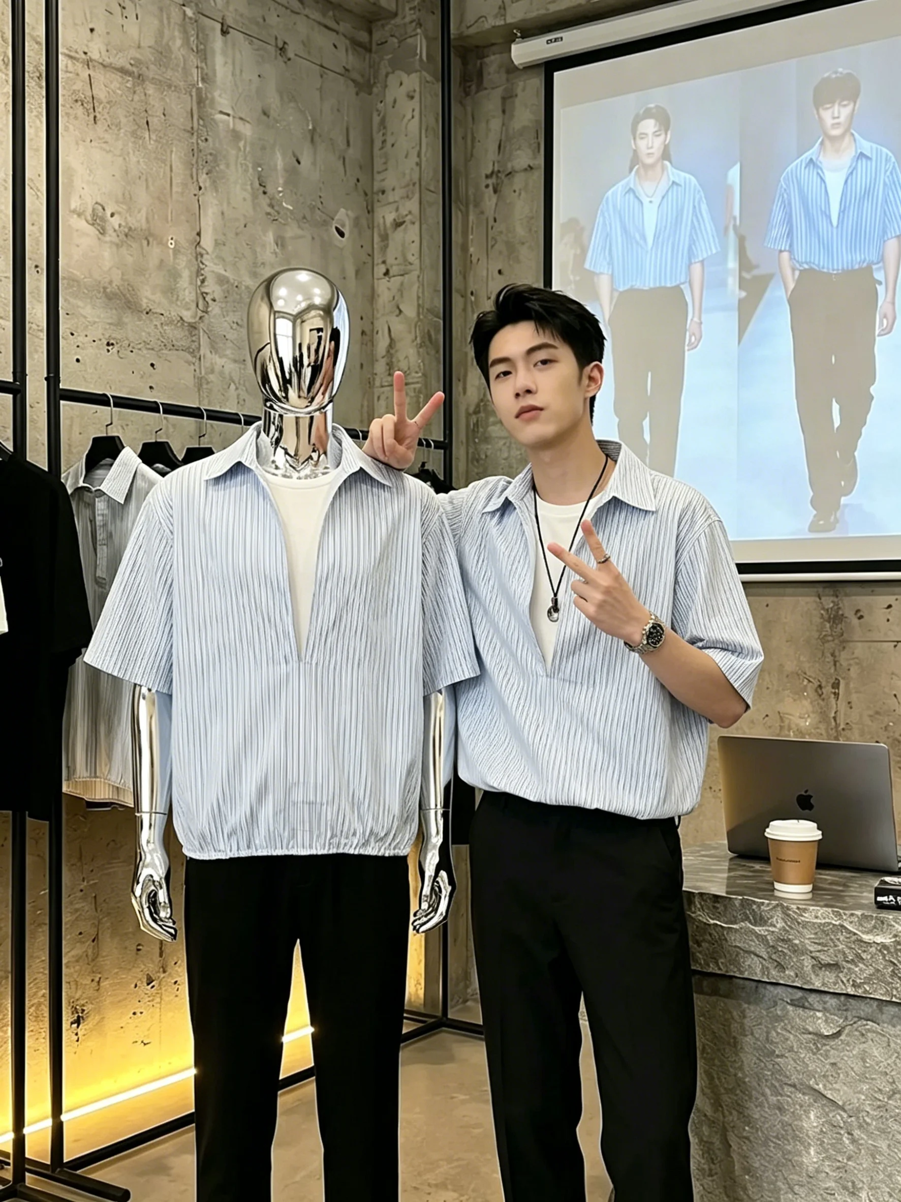 Men's V-Neck Striped Shirt Short Sleeve Fake Two-Piece Summer Loose Fit Breathable Polyester Fiber American Style Cleanfit