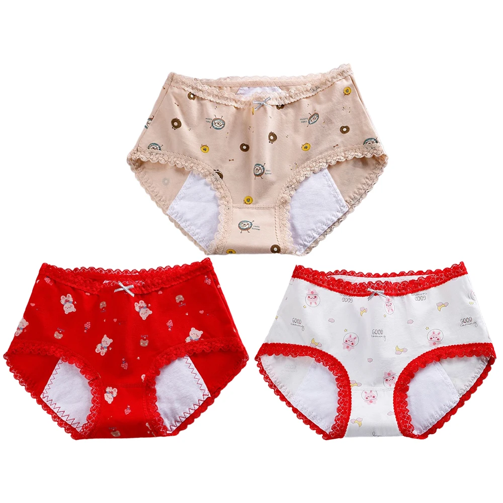 3pcs Menstrual Underwear Girls Mid-Rise Cartoon Cotton Period Briefs 3-Layer  Soft Leak-proof Absorbent Incontinence Panty S-XL