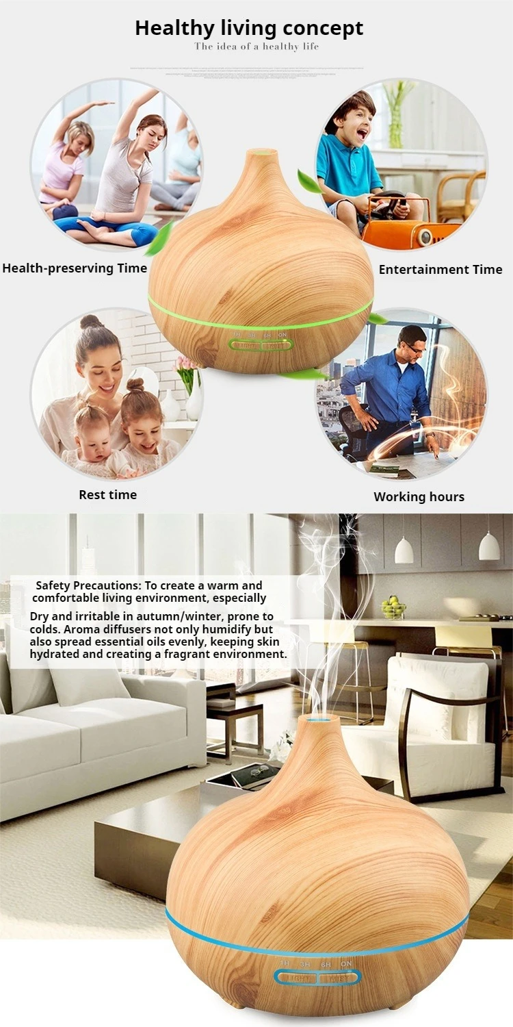 500ML Aromatherapy Machine Wood Grain Humidifier with 7-Color LED Heavy Fog Quiet Bedroom Office Hotel Essential Oil Humidifier
