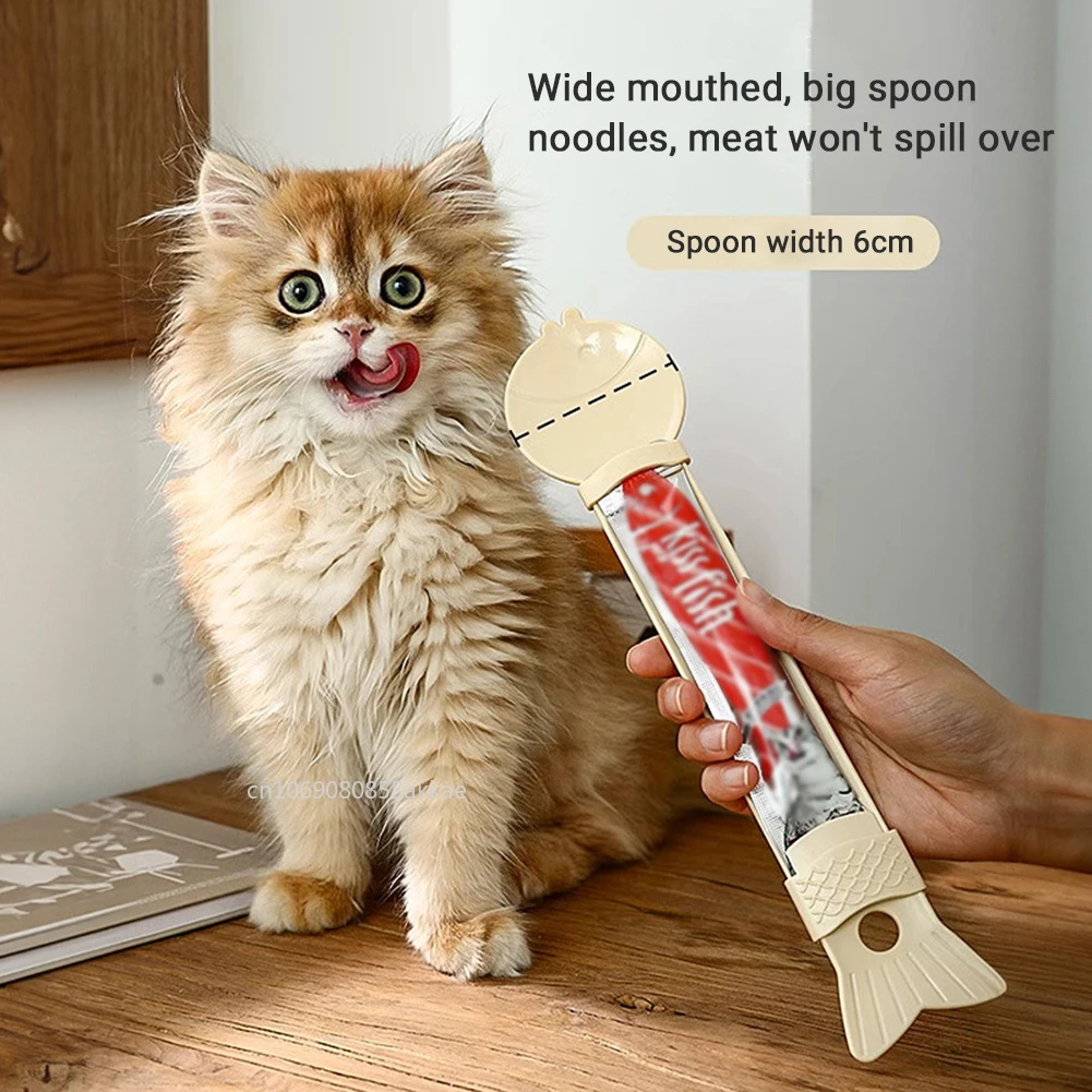 Cartoon Cat Treat Squeeze Spoon Dispenser Cat Treat Supplies Sliding Strip Squeeze Cats Feeder for Pet Liquid Snack Feeding