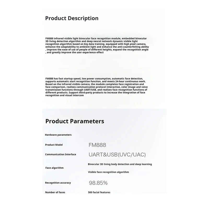 SQPP-Face Recognition Module HLK-FM888 3D Binocular Camera Live Detection Visual Intercom Smart Door Lock USB Audio &Video