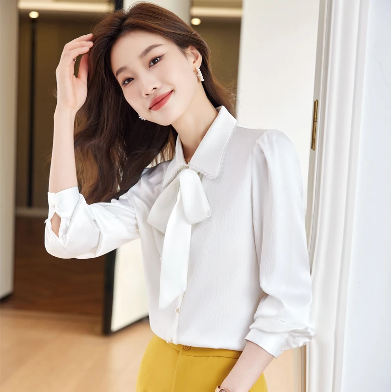 Lenshin New Fabric High-quality Smooth and Soft Bow Tie Shirt for Women Blouse Elegant Tops Long Sleeve Office Lady Work Wear