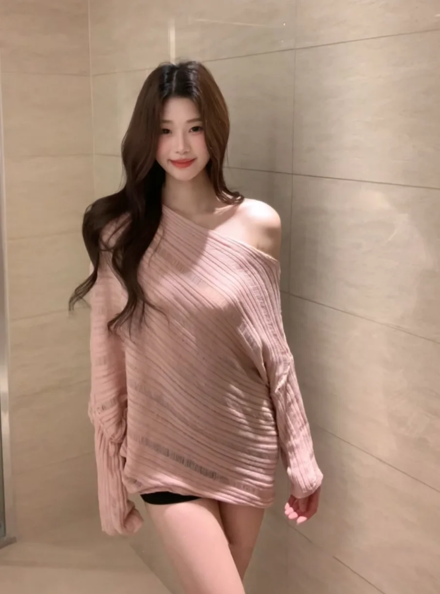 

Sweet Pure Desire Pink Slant Collar oulder Bared Knitted Top Women's Loose Fitting Slimming One oulder Sweater Spring