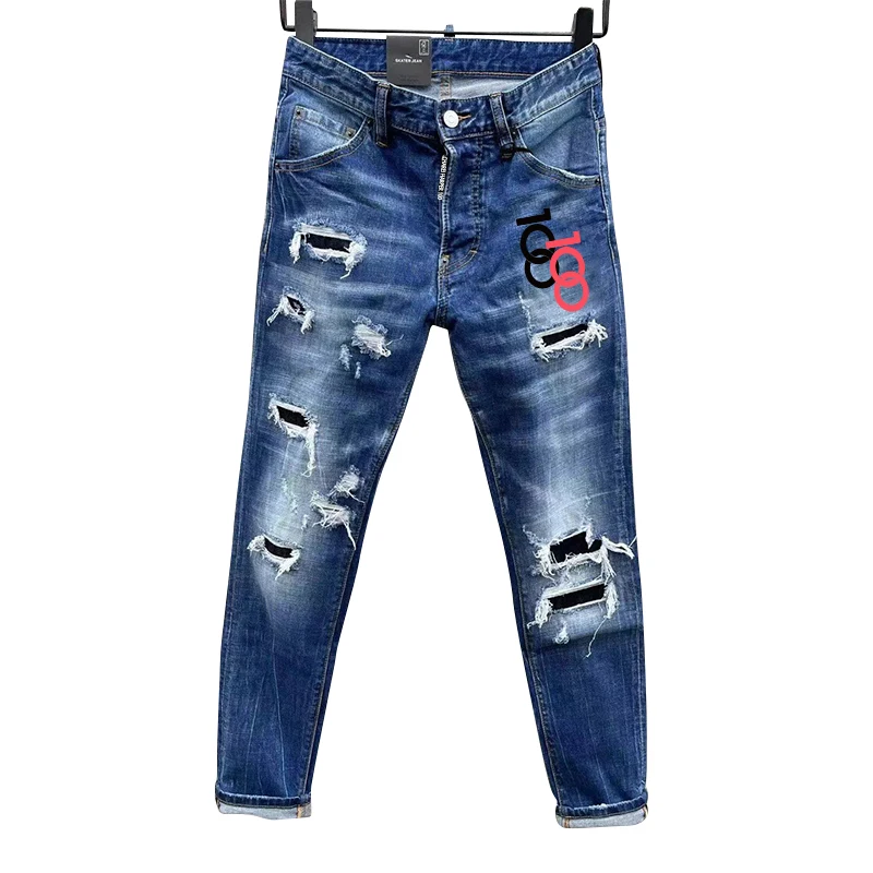 Men's jeans chareiha100 c050 Italian design washed hole patch stitching zipper decoration slim fit fashion blue punk rock pants