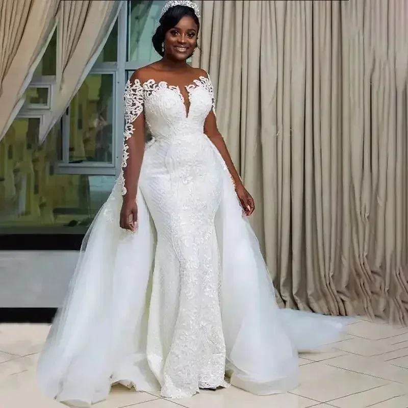 Customized Off-Shoulder Detachable Train Wedding Dress Strapless Long Sleeve African Lace Tulle Appliques Mermaid Bridal Gown