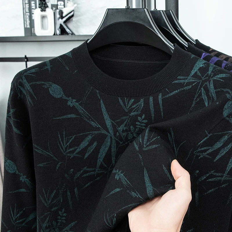 

Men's Luxury Knitted Sweater Round Neck Long Sleeve Printed Bamboo Leaf Pullover Autumn Winter Fashion Casual Classic Men's Wear