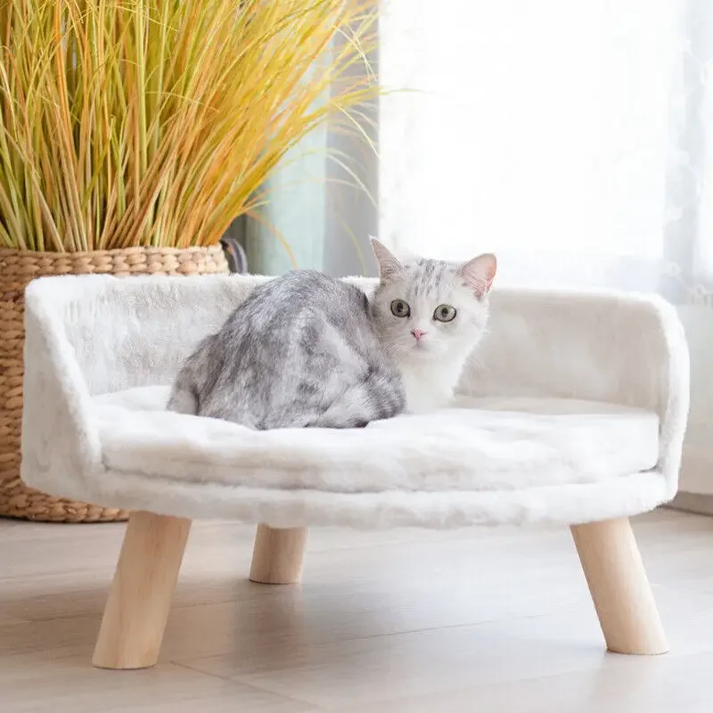 

Customizable Luxury Soft Cat Bed Warm Plush Fabric Pet Nesting Chair Bed Washable Couch Wood Legs
