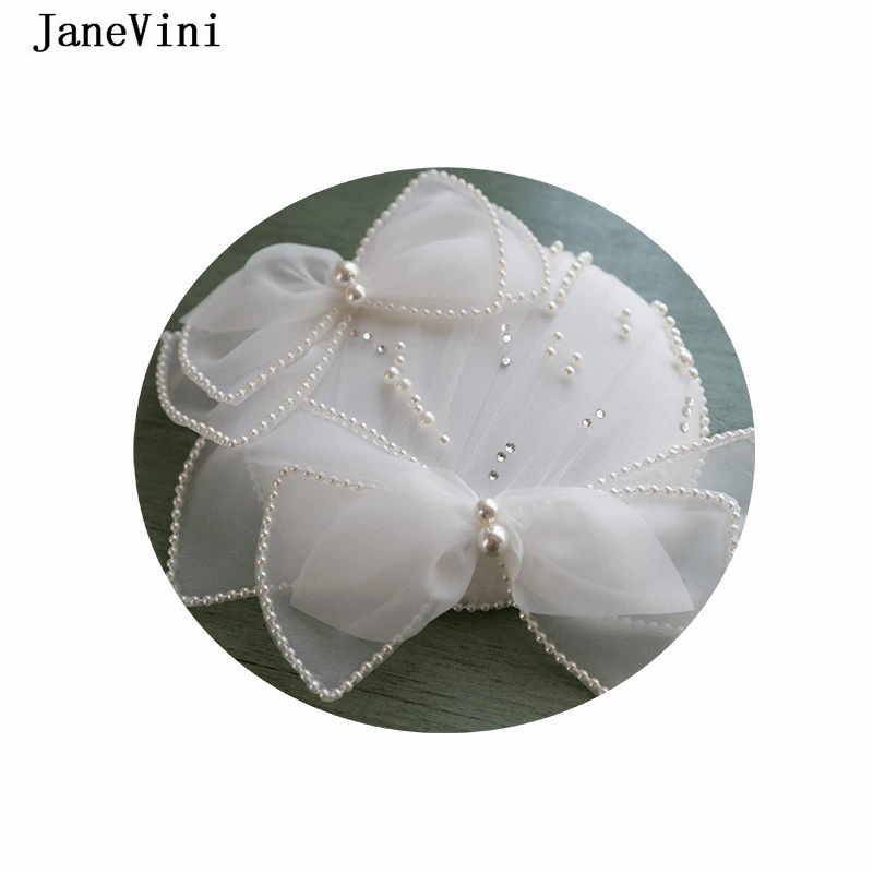 JaneVini 2022 Beaded Pearls Bride Hat White Bow Vintage Wedding Hats with Hairpins Luxury Church Evening Party Women Headdress