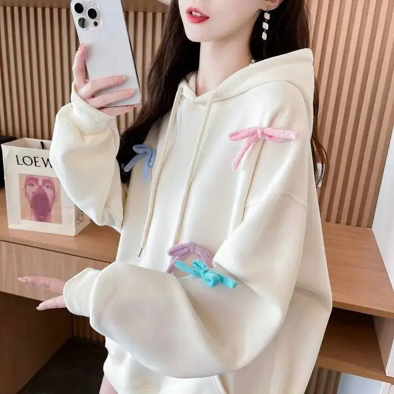 

Новый свитер с капюшоном и бантом, студенческое издание, свободный дизайн большого размера, топ