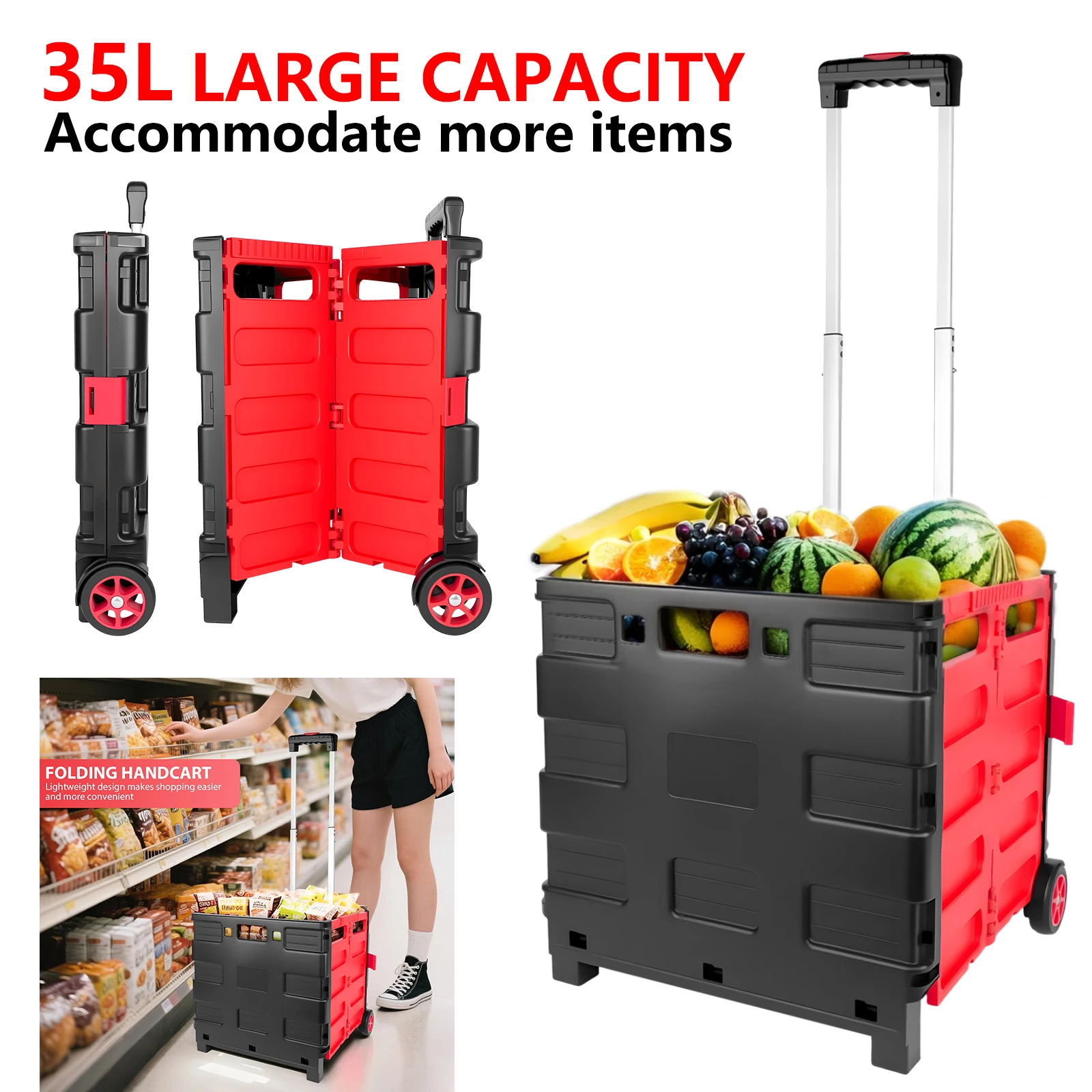 Carros de compras plegables con cestas y ruedas, gran coche de compras portátil tirado a mano para personas mayores, comestibles, capacidad de 35L