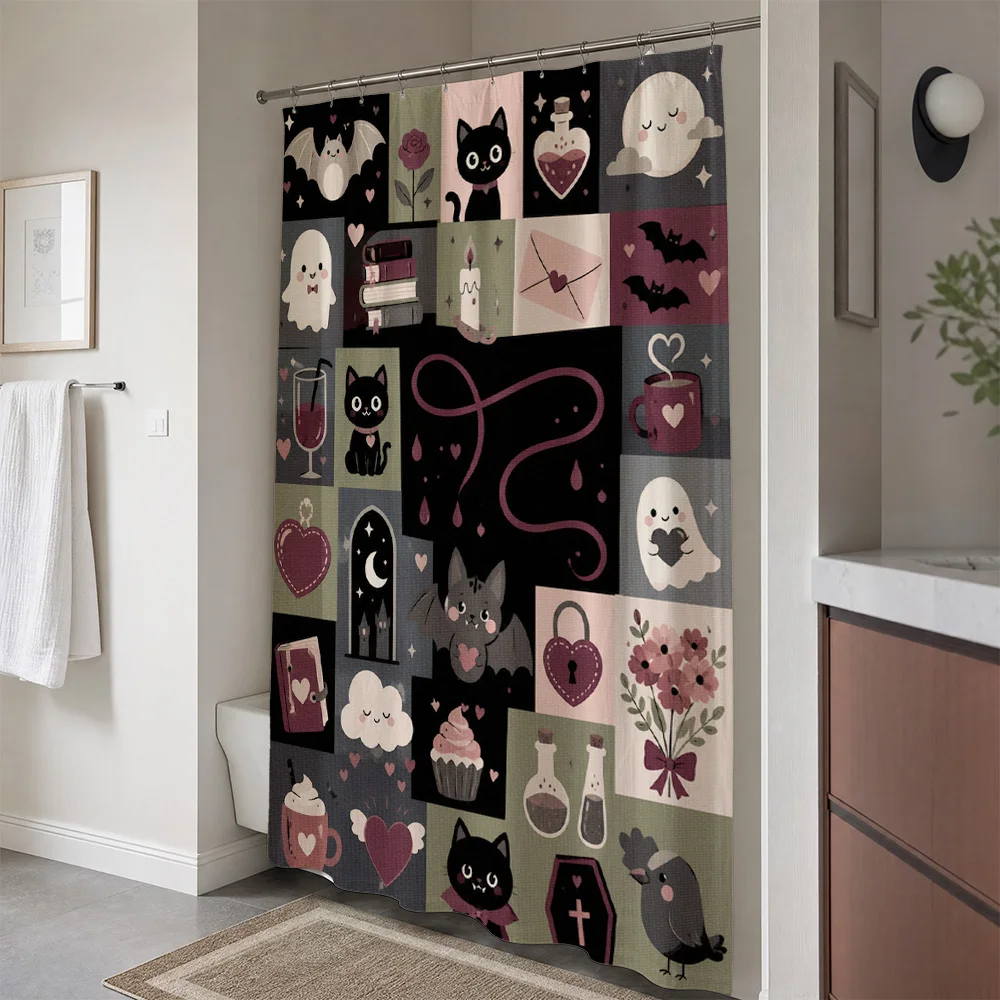 Spooky Cute Halloween Bathroom Shower Curtain Gothic Kawaii Witchy Bat Ghost Theme for Kids Adults