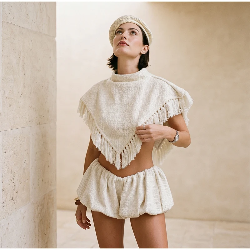 Women Solid Shorts Set Sleeveless Fringe Trim Triangle Wrap Crop Top Elastic Waist Bubble Mini Shorts Lady Vacation Beach Outfit