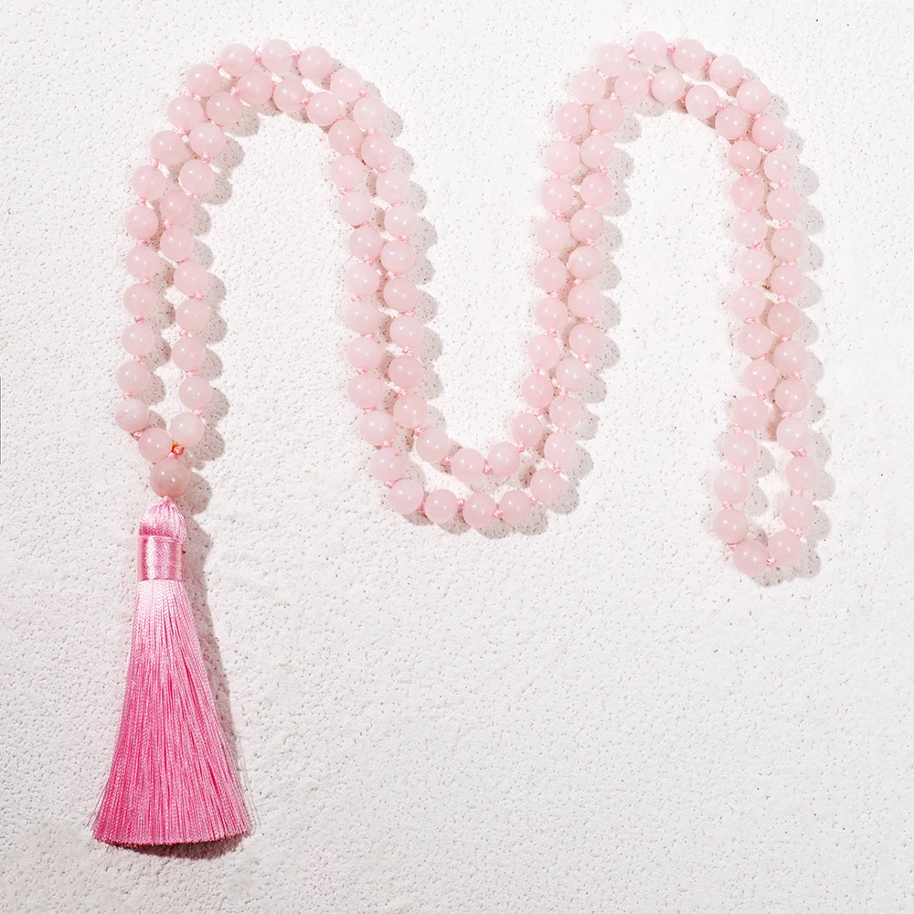 

8mm Rose Quartz Beaded Knotted 108 Mala Necklace Meditation Yoga Prayer Jewelry Japamala Rosary for Women