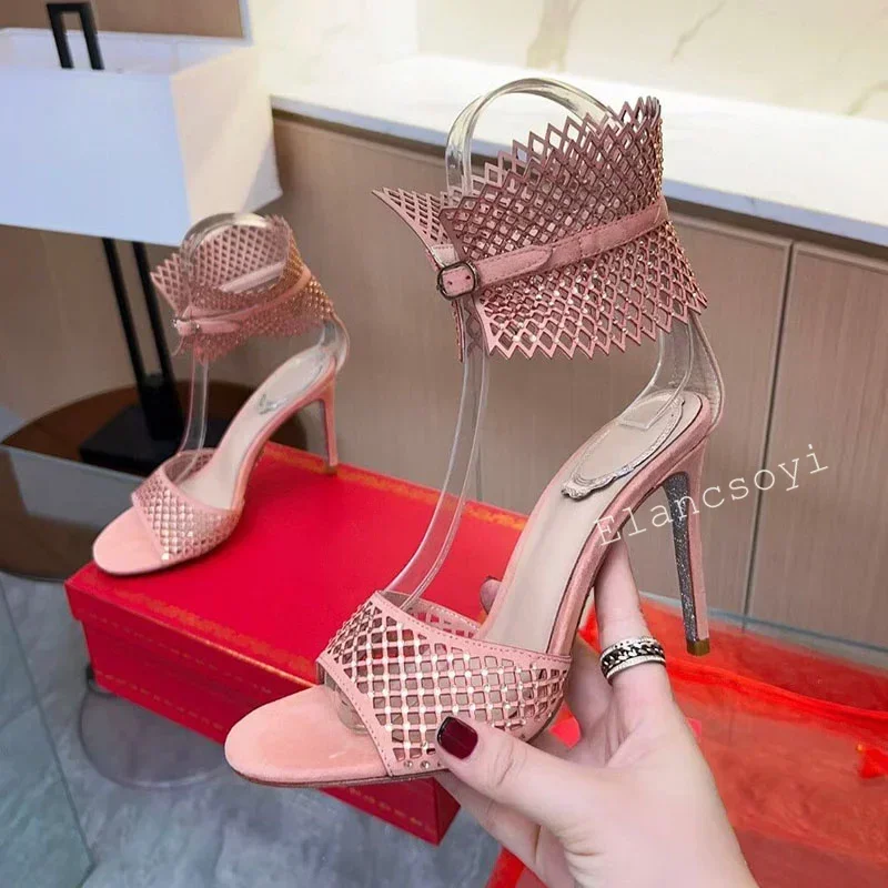 Sandals Summer Shiny Crystal High Heels Women Real Leather Hallow Outs Thin Heels Ankle Strap Sandalias Sexy Party Dress Shoes
