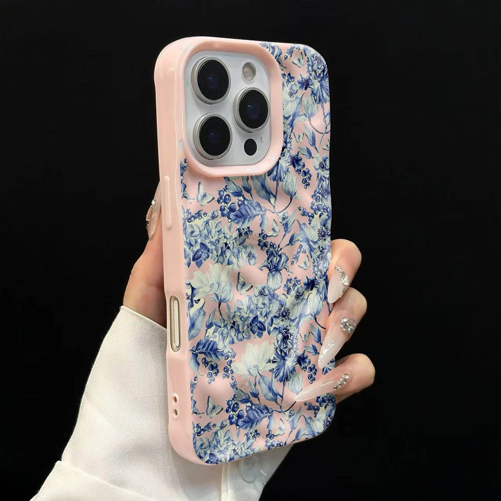 Blau-weiße Porzellan-Kunst-Handyhülle für iPhone 17 16 15 14 13 12 11 Pro Max 14 Plus 17Air Faltenwellen-Soft-Silikonhülle – Detail 9