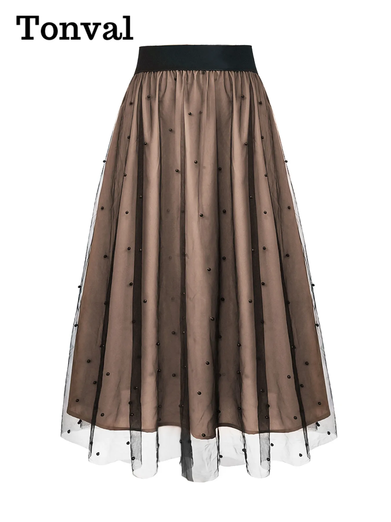 

Tonval Vintage Beaded Mesh Overlay Long Skirts Summer Spring 2024 Women Casual Elastic Waist Pleated Midi Skirt