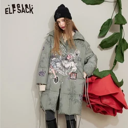 ELFSACK Gray Warm Down Coats Women 2022 Winter Windproof Long Outwears