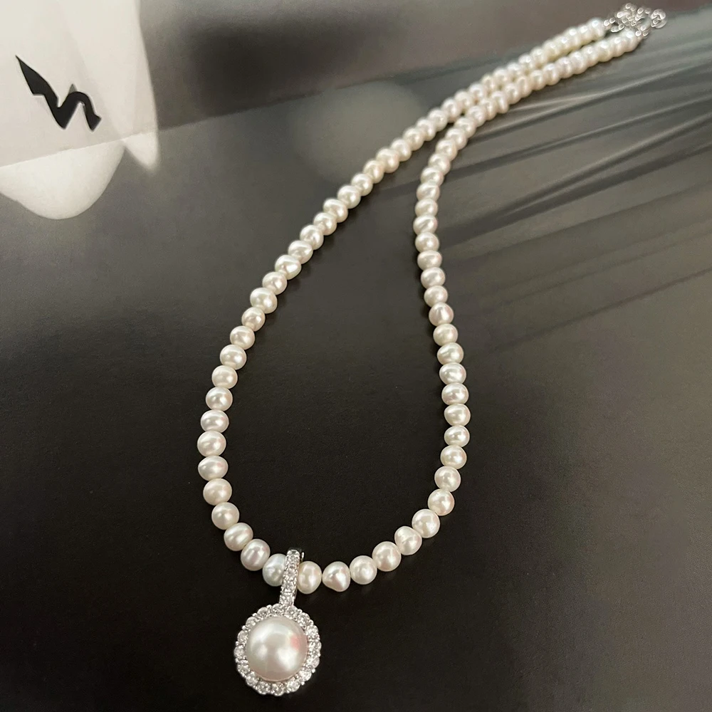 

Light Luxury Style Real Pearl Flash Diamond Pendant Necklace with 4-9mm Natural Freshwater Pearls Noble Sparkling Fine Jewelry