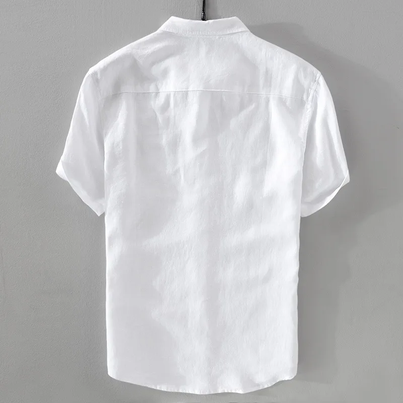 2025 Pure Linen Short Sleeved Shirt Men's Linen White Shirt Cotton Linen Men's Upper Garment Men's Casual Summer Half Sleeved