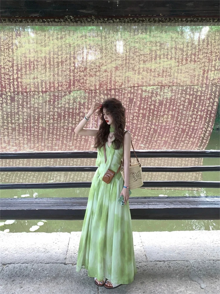 Fresh Light Green Printed V-neck Holiday Dress for Women Gentle Versatile Long Camisole Vestidos Sweet A-line Summer Dresses