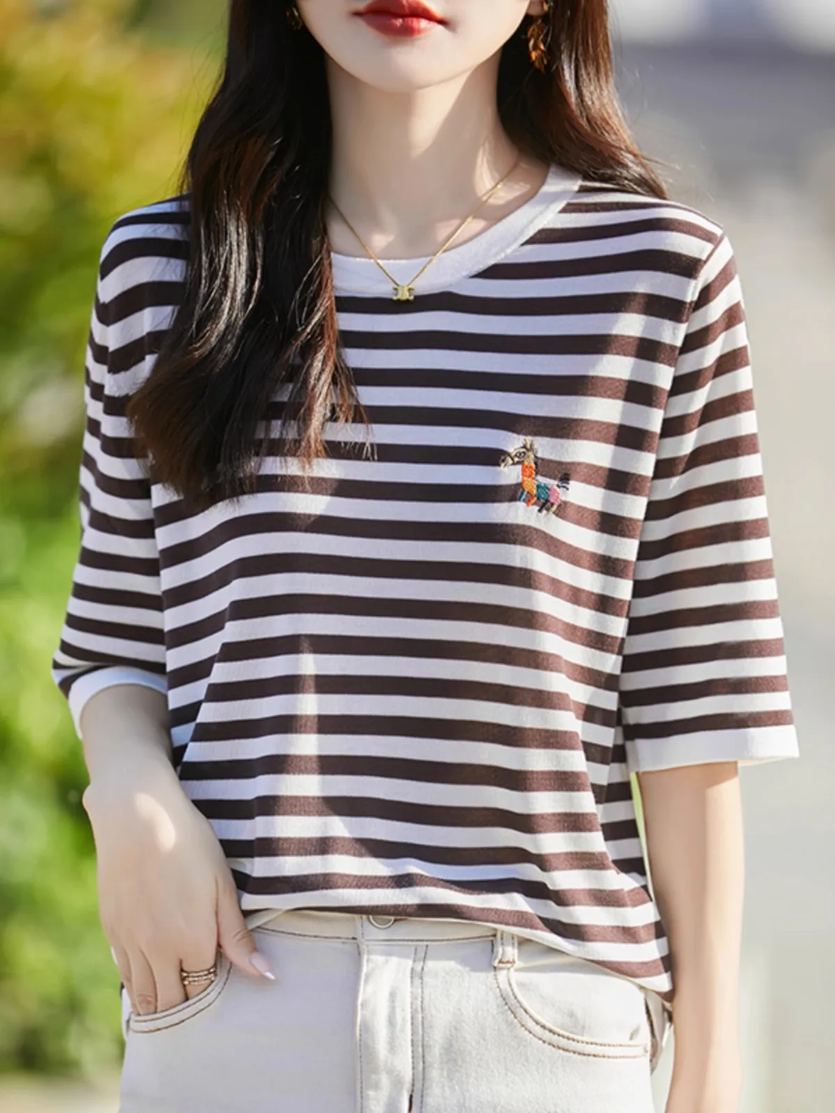 Foreign style embroidery knitting short sleeve women's thin top black and white striped cotton thread T-shirt with loose summer