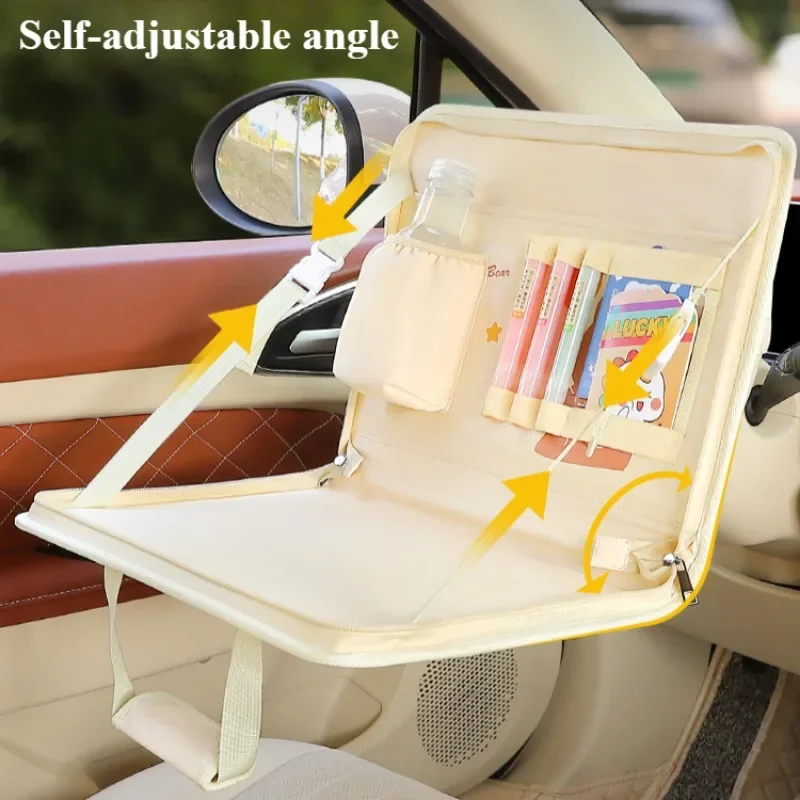 Car Backseat Organizer with Foldable Food Tray for Kids & Adults Steering Wheel Storage Bag Cartoon Bear Hanging Car Organizador