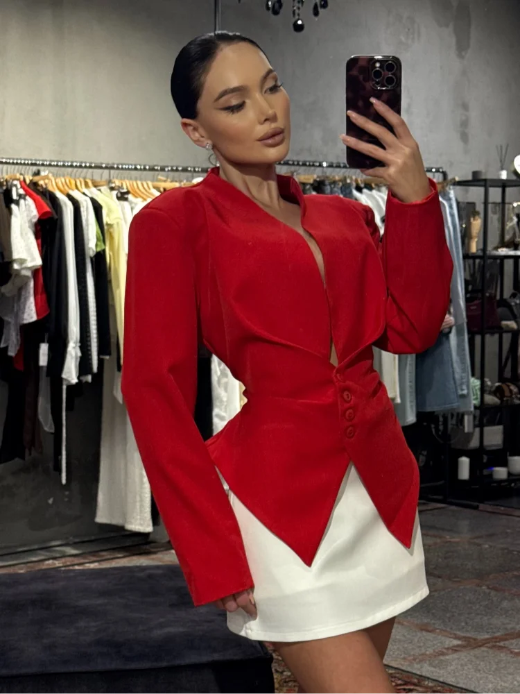 Elegante Blazer de Terciopelo con Parches para Mujer, Manga Larga, Solapa, Cintura Ajustada, Abrigo de Señora, Colección Primavera 2026, Estilo Chic Urbano Femenino