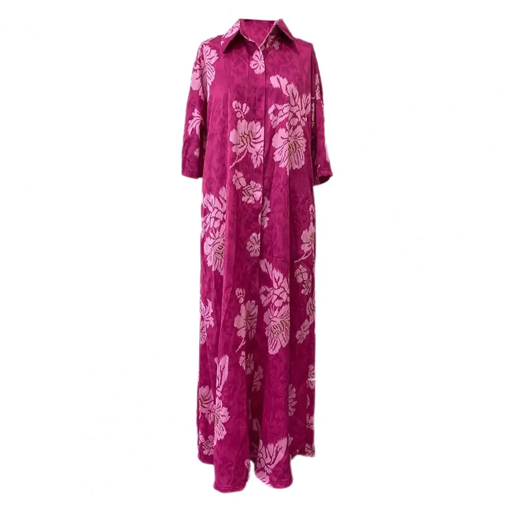 

Maxi Dress Floral Print Maxi Dress with Cardigan Side Pockets for Women Elegant Fall Spring Shirt Type Outfit Women Printed