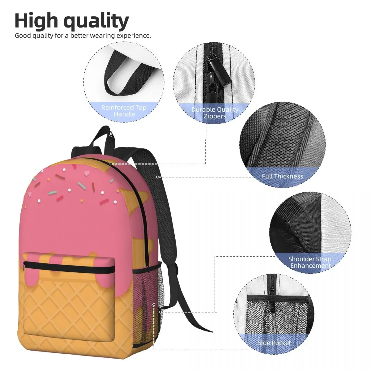 Pink Ice Cream Backpack Boys Girls BookBag Children School Bag Computer Shoulder Bags for Men Women