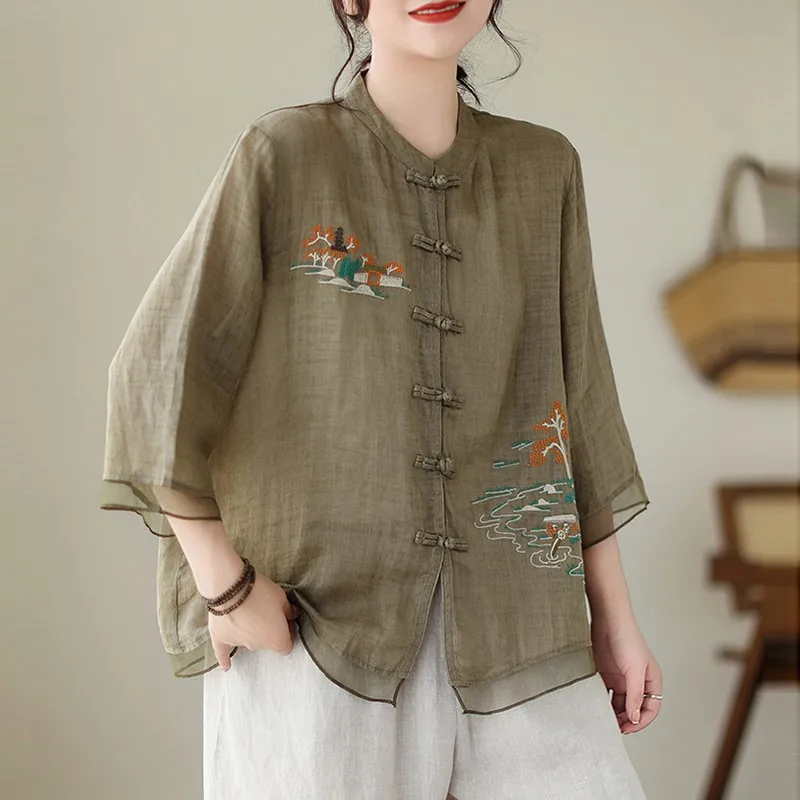 Women Casual Shirt New Arrival 2024 Summer Chinese Style Vintage Embroidery Loose Comfortable Female Basics Tops Shirts B3709