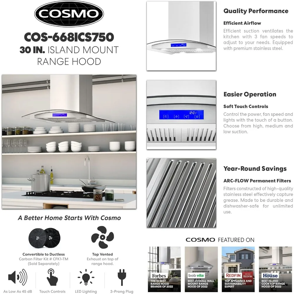 Island Mount Range Hood with 380 CFM, Soft Touch Controls, Permanent Filters, LED Lights, Tempered Glass Visor