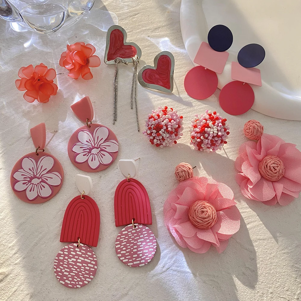 Lifefontier Handmade Red Acrylic Geometric Floral Wedding Bride Drop Earrings For Women Temperament Jewelry Flower Earring Gift