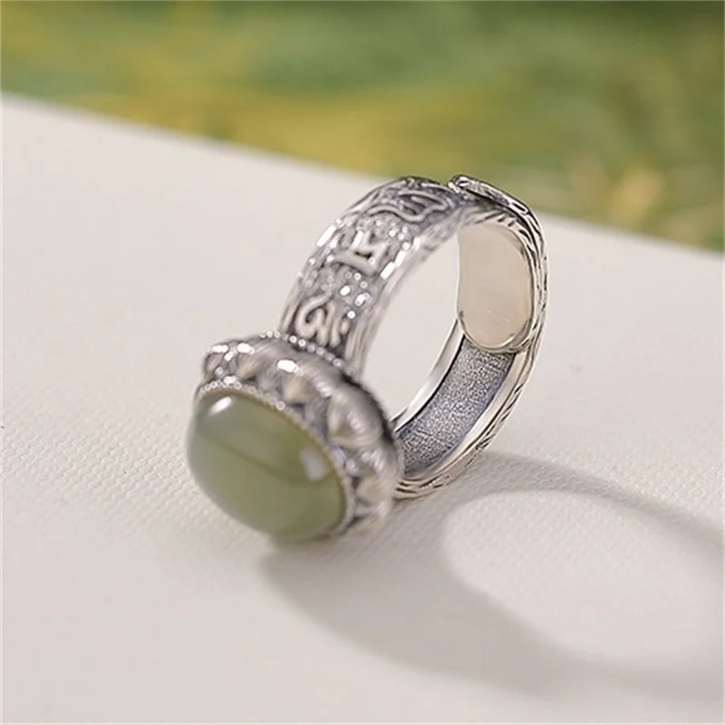 Blessing The Six-Syllable Great Bright Mantra Ring For Lady Finger Accessories Temperament Jade Egg-shaped Flower Ring Women