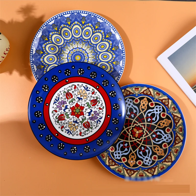 High Beauty Flat Plate Flower Printing New Western Food Plate Bohemian Family Meal  Festival Gift 10 Inch Dim Sum