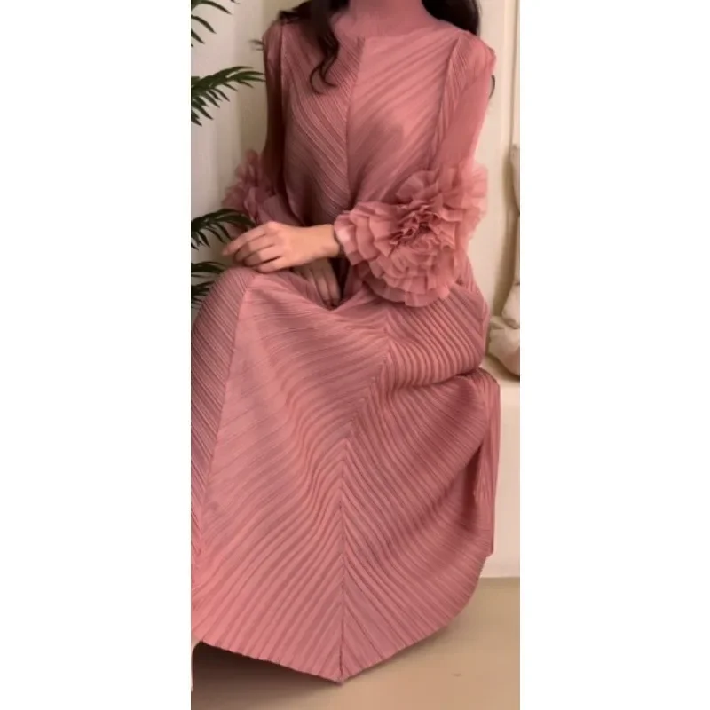 Luxury Purple Miyake Pleated High Neck Maxi Evening Dress, Ruffle Sleeve Women's Wedding Guest Ramadan Party Dress 2026 New