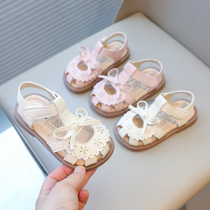 

Летние сандалии для девочек, пляжная обувь для маленьких детей, детские сандалии с Т-образным ремешком и бантом, дышащие, 21–30 лет