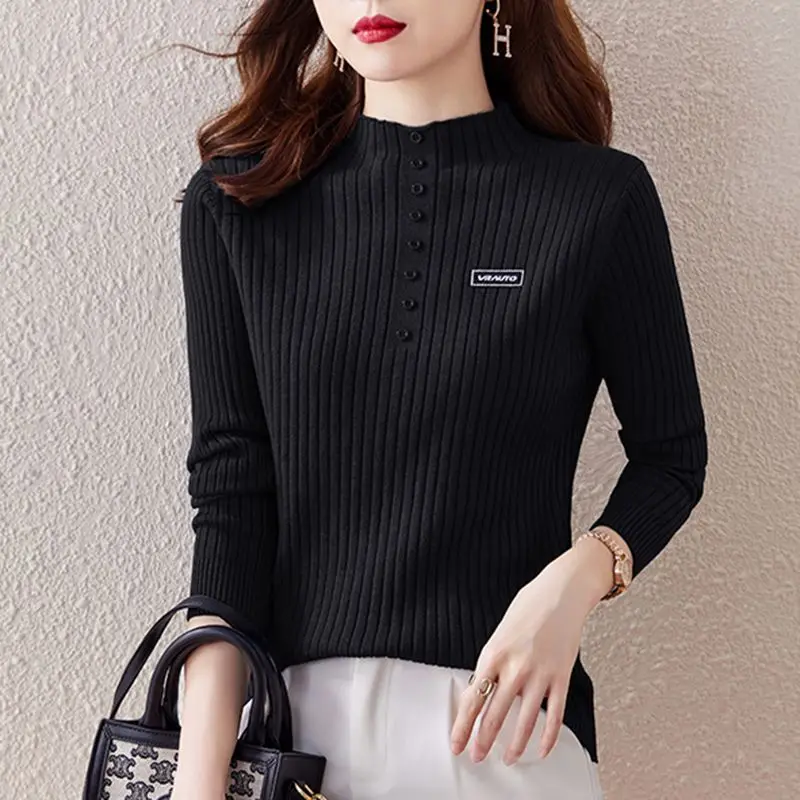 Autumn Winter New Korean Simple Solid Half High Neck Sweater Women\'s Striped Button Patchwork Long Sleeved Pullovers Knit Top