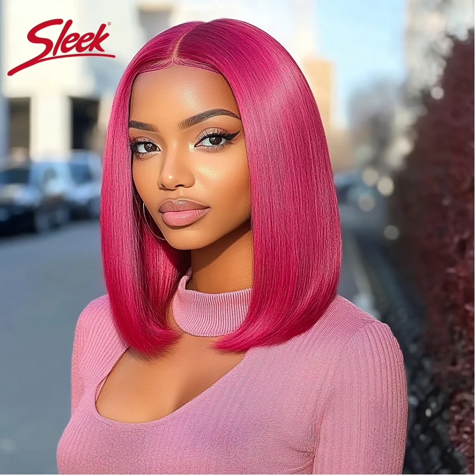 Perruque Bob Lace Front Wig naturelle brésilienne Remy lisse-Sleek, rose, violet 99J, rouge naturel, densité 200%