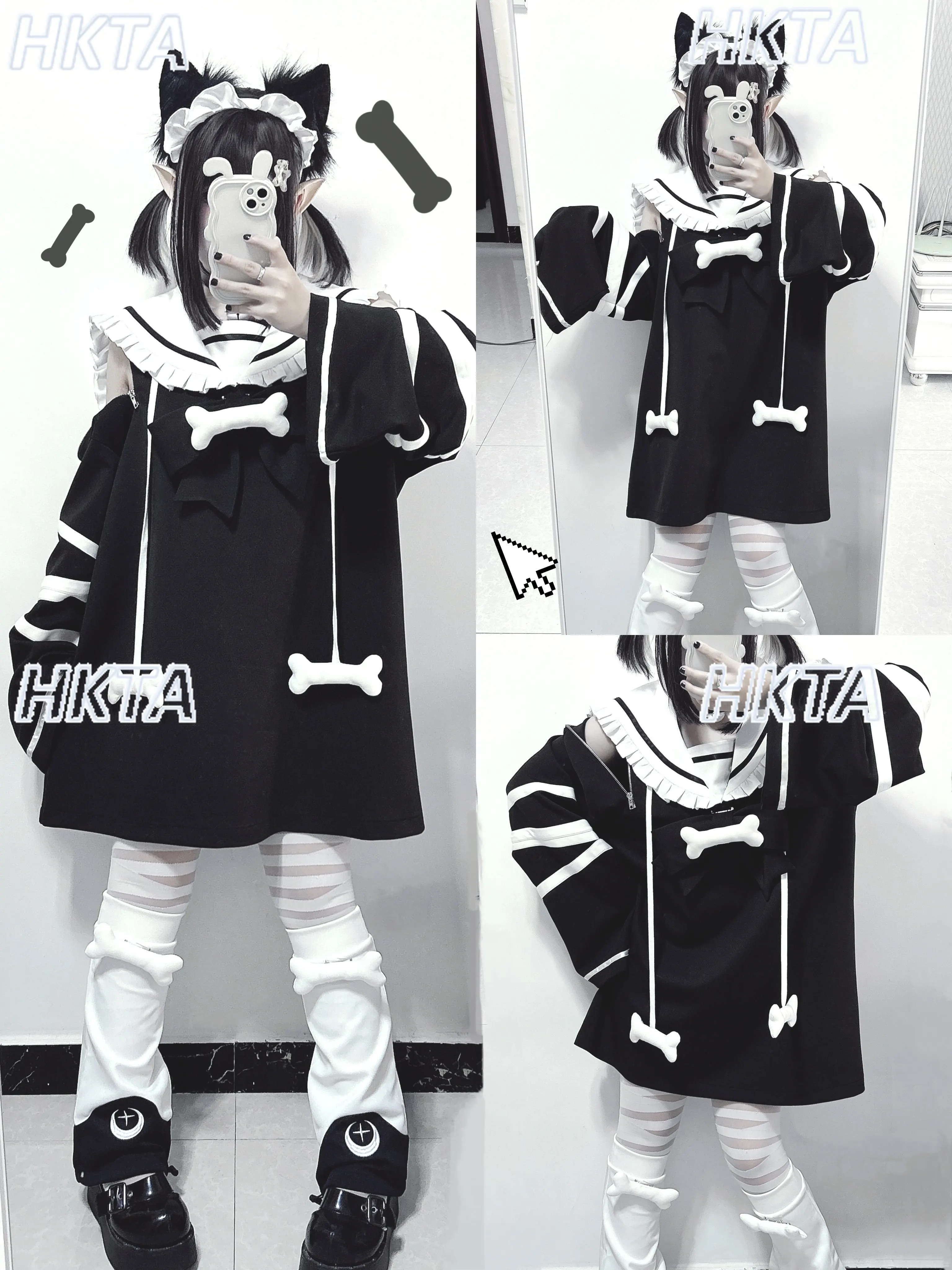 Japanese Subculture Cute Puppy Cartoon Long Sleeves Sailor Collar Dress Women Oversize Loose Casual Yabi Black Hoodies Dress