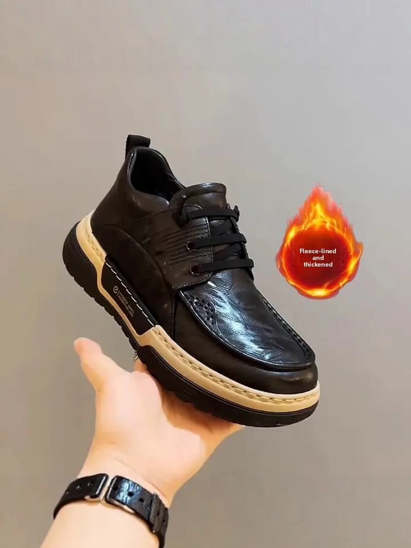 

Men's Winter Fleece Lined Sports Casual Shoes Comfortable for Work Thick Bottom Black Leather Upper Soft Bottom Business Shoes