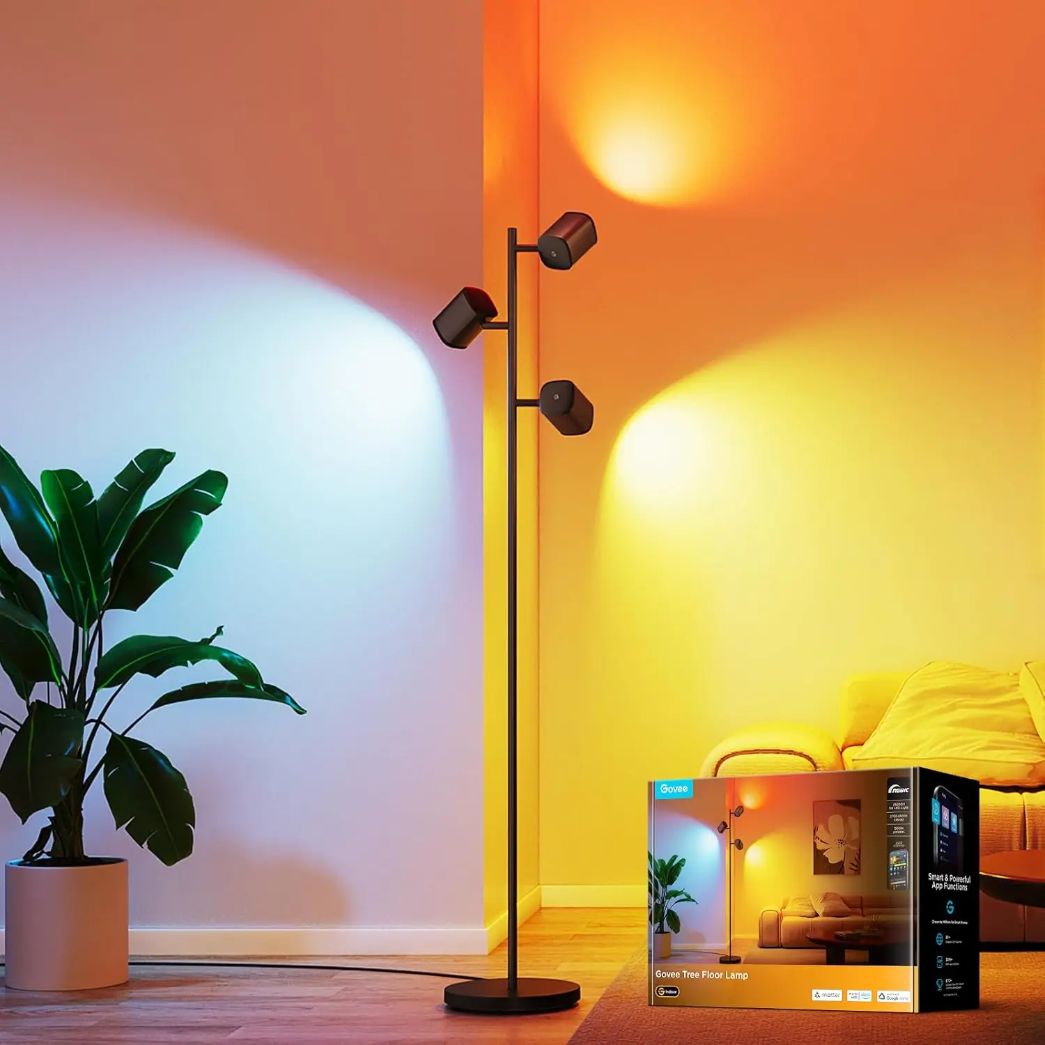 Govee Tree Floor Lamp Compatible with Matter, 3 Rotatable Lights with LuminBlend Technology, Standing Lamp with 64 Dynamic Scene