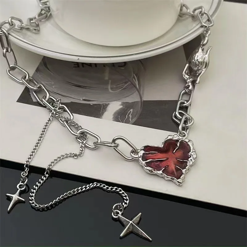 New Red Heart Patchwork Star Tassel Necklaces Women Premium Sense Sweet Cool Light Luxury Hundred Necklace Party Jewelry Gifts