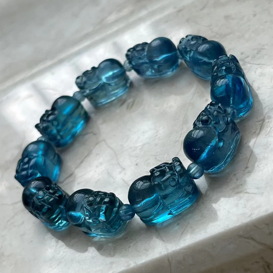 

Natural Blue Aquamarine Quartz Bracelet 9.8*15mm Clear Pi Xiu Beads Gemstone Wealthy Stone For Women Men AAAAAAA