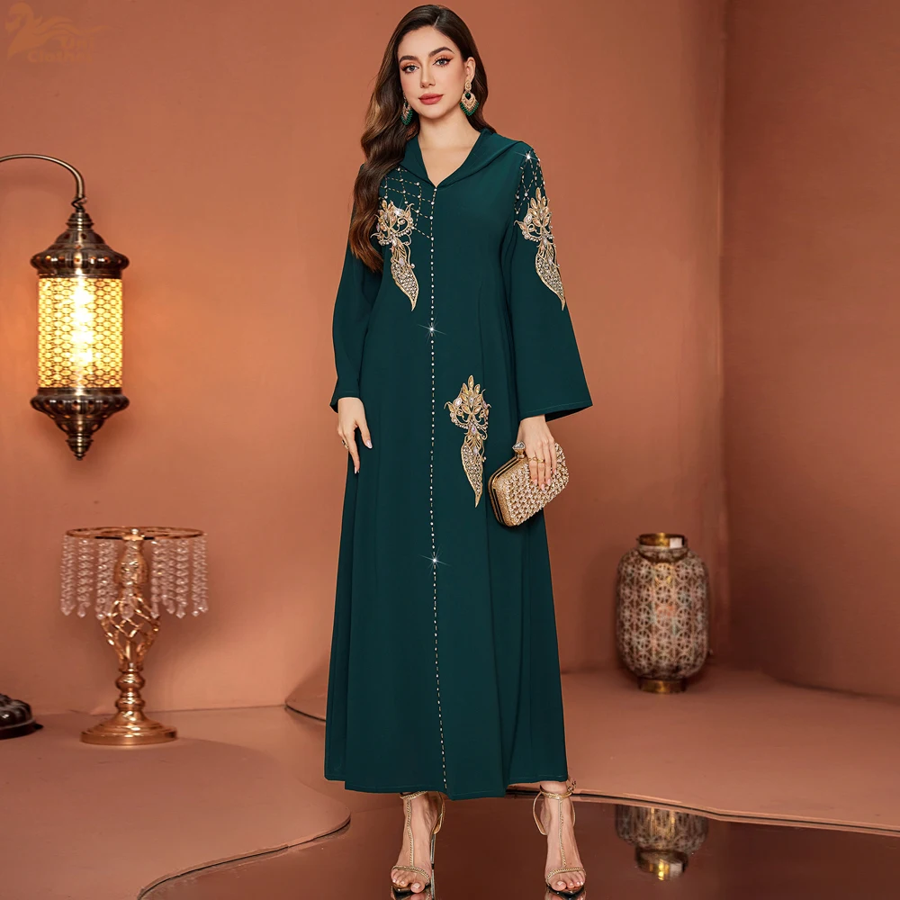 

Ид Роскошные вечерние платья с бриллиантами и бисером Абаи для женщин Мусульманская исламская этническая одежда Платье макси с длинным рукавом и капюшоном с разрезом подол