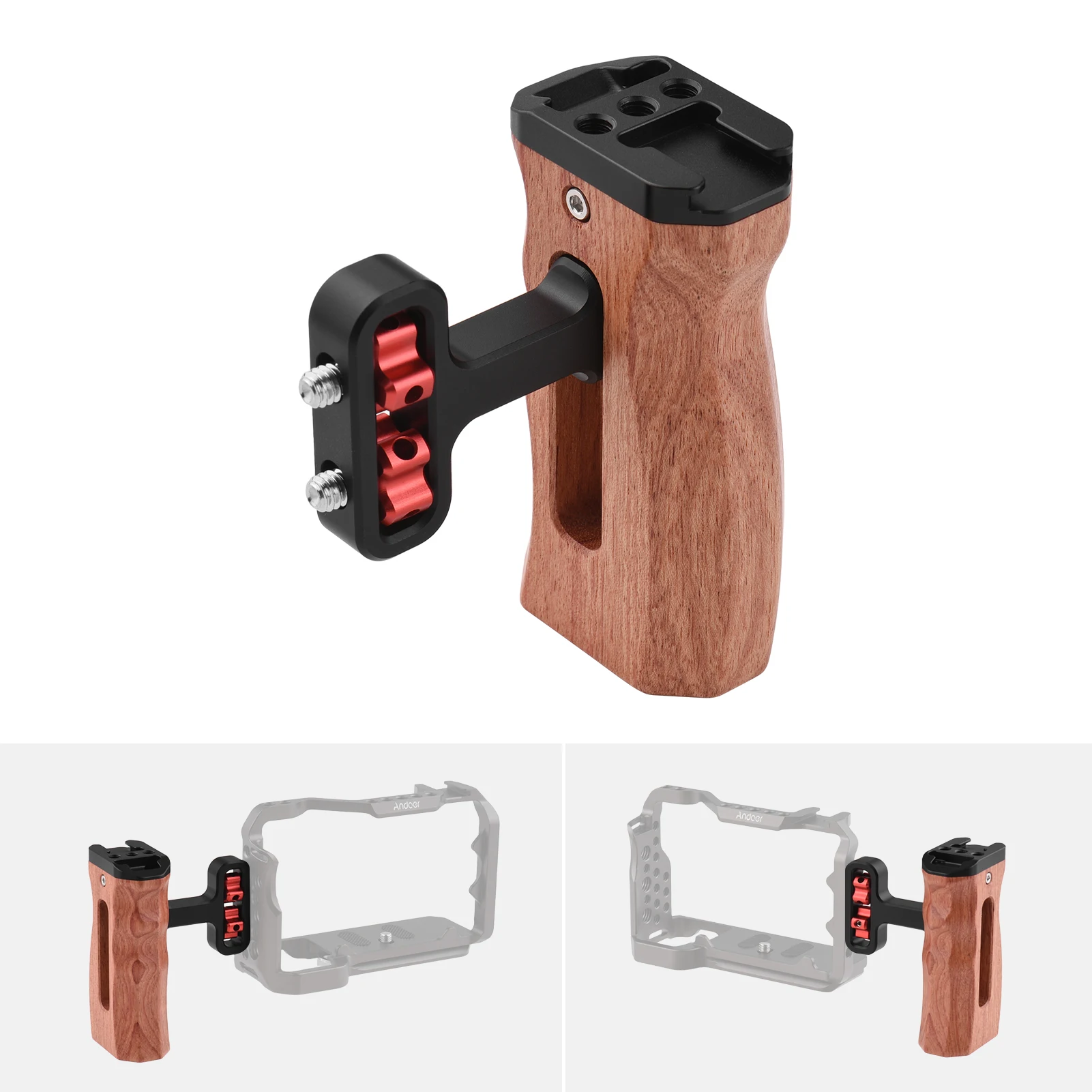 Universal Camera Cage Left/Right Side Handle Wooden 1/4 Screw Hole Cold Shoe Mount for Camera Cage Height Adjustable