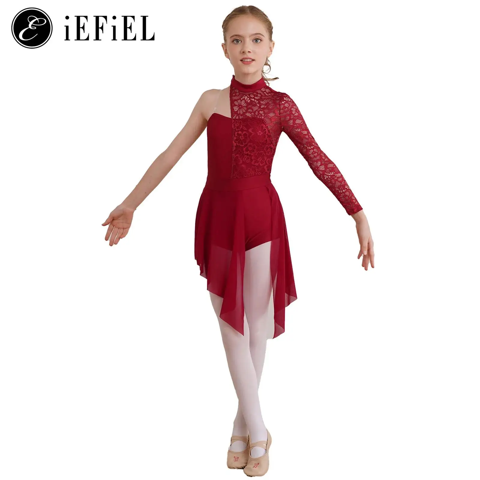 Kids Girls Lyrical Dance Costume Cutout Single Long Sleeve Asymmetric Ballet Dress Leotard Modren Contemporary Dancewear