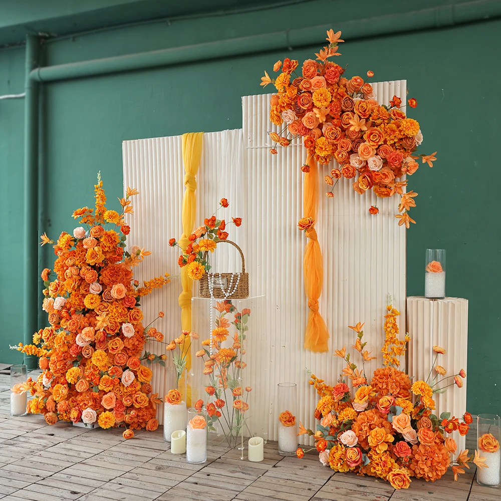 Orange KT Board Fake Flowers Room Decoration -1.4m Artificial Flower Row for Wedding, Hochzeit Dekoration & Photo Wall HY2818