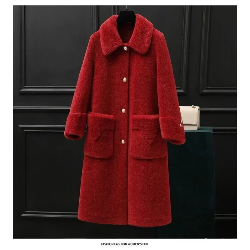 Haining Sheep Fleece Coat Medium Long One-piece Wool Pellet Fleece Lamb Fur Parkas Ancola Red Winter Jacket Women 2025 Overwear