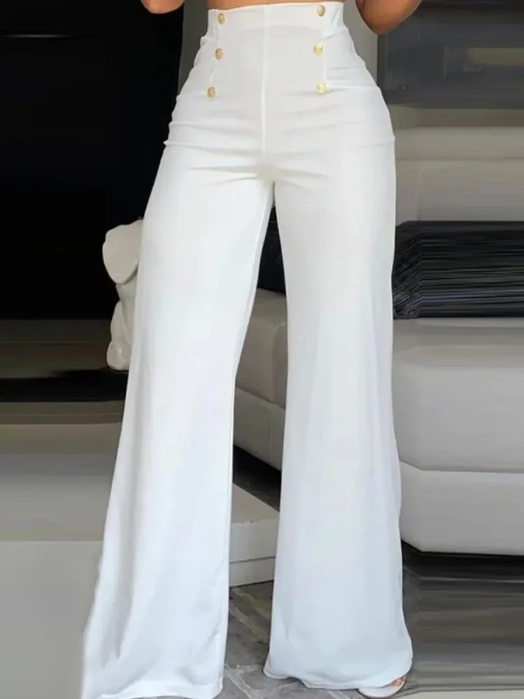 

Lemongor Suits Pants For Women 2024 New Summer Stylish Buttoned Solid Color High Waisted Wide Leg Casual Office Trousers Bottoms